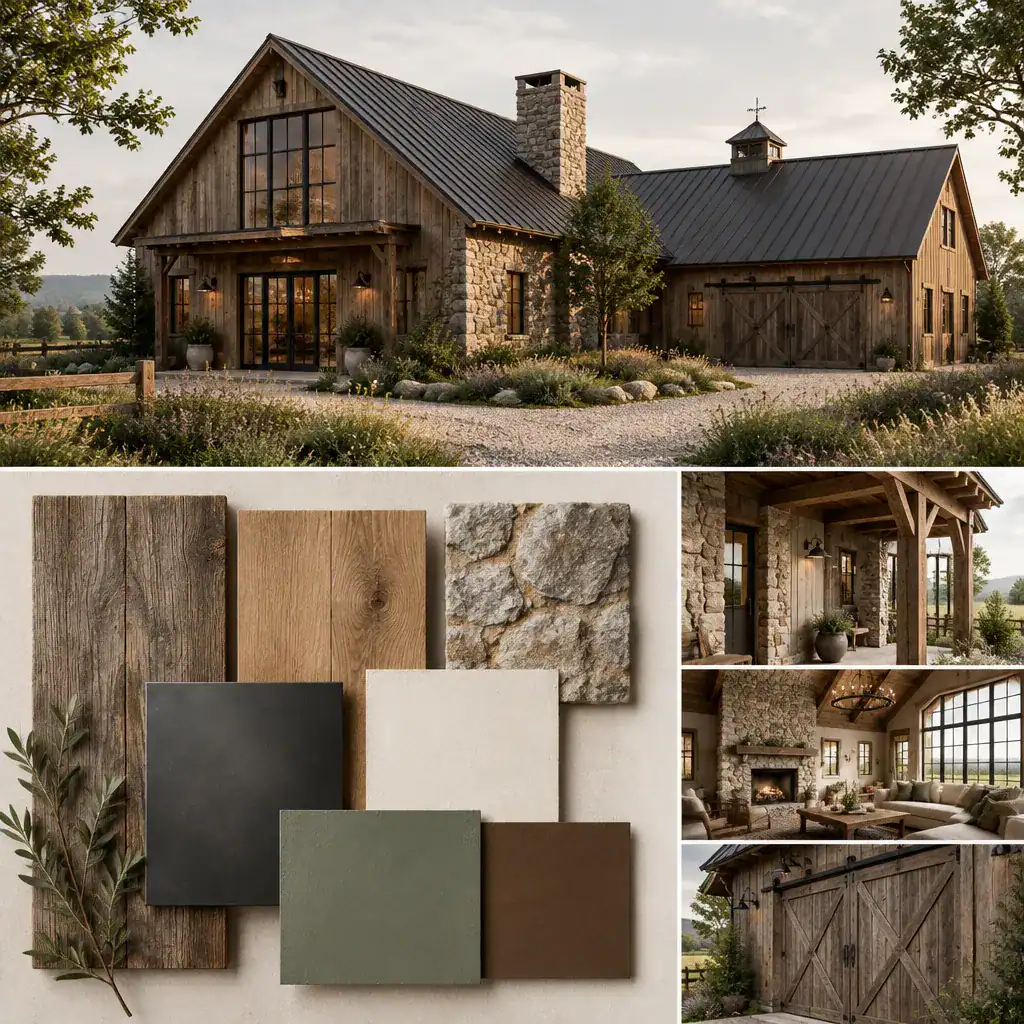 Rustic barn house material palette with wood, stone, and dark metal