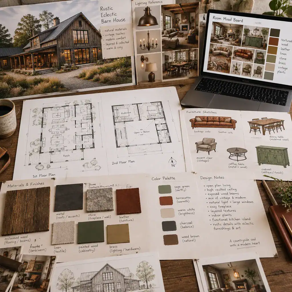 Rustic eclectic barn house design planning board with materials and floor plan
