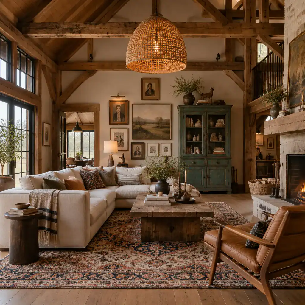 Rustic eclectic barn house living room with mixed vintage and modern decor