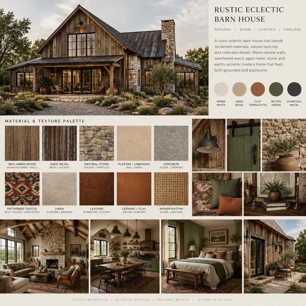 Rustic eclectic barn house material and color palette