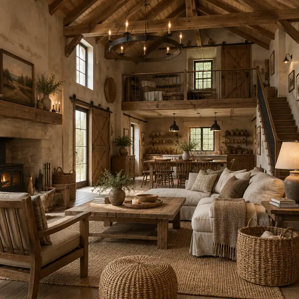 Rustic barn house interior palette with natural textures, warm furniture, and traditional accents
