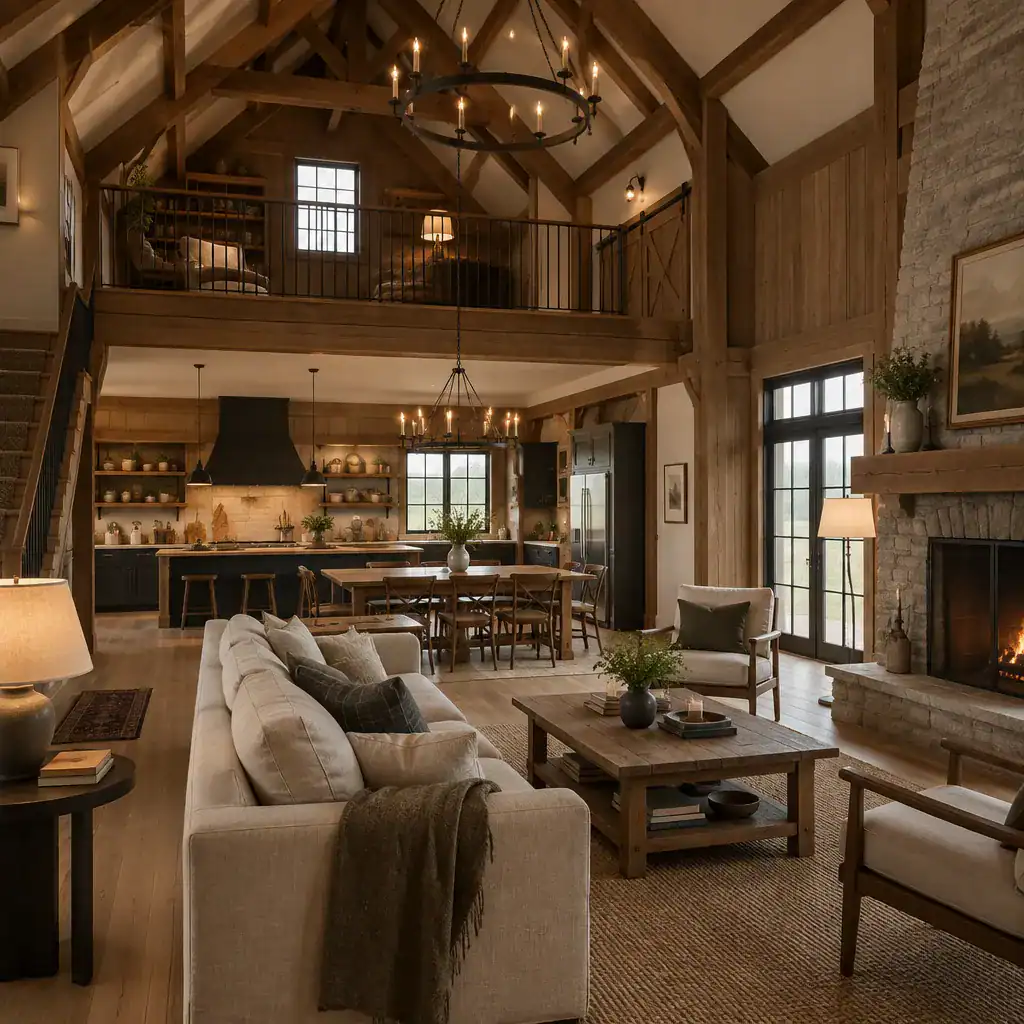 Rustic classic barn house interior with warm wood tones and neutral decor
