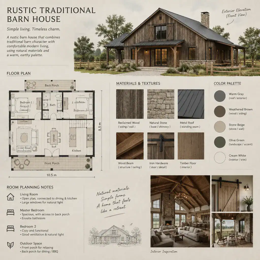 Rustic traditional barn house design planning board with floor plan and material samples
