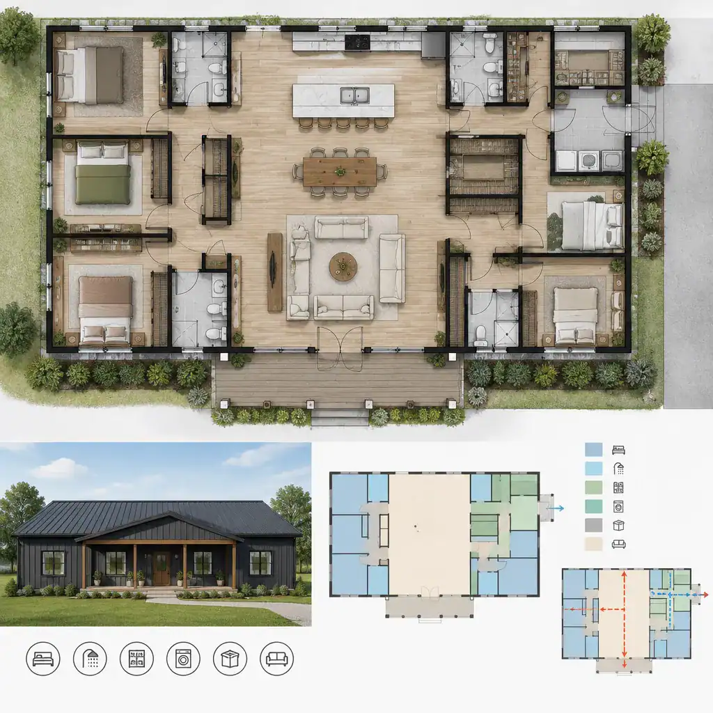 Service and storage zone for a one-story five-bedroom barndominium