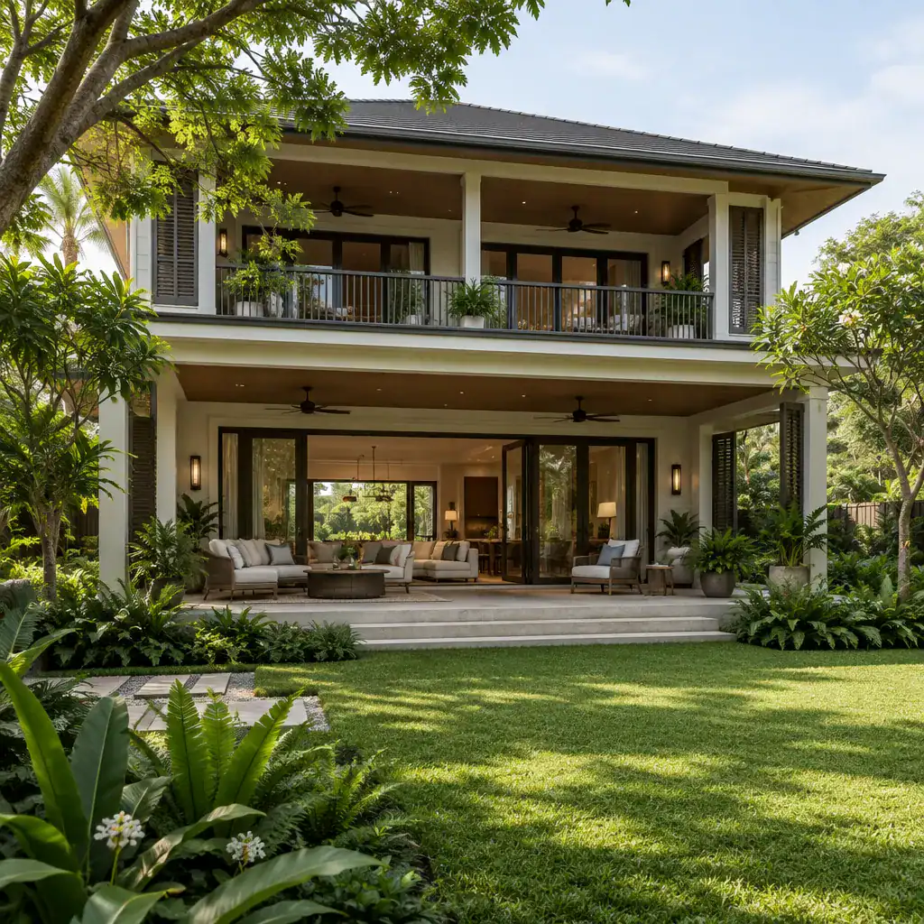 Shaded Veranda Connecting A Modern Plantation House To The Garden