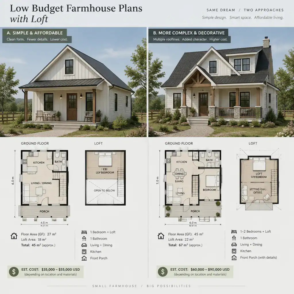 Simple and elaborate farmhouse exterior plans compared for budget planning