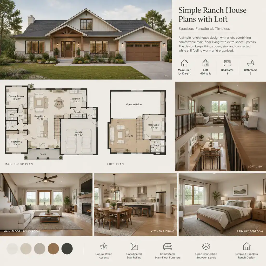 Simple coordinated ranch house interior with loft