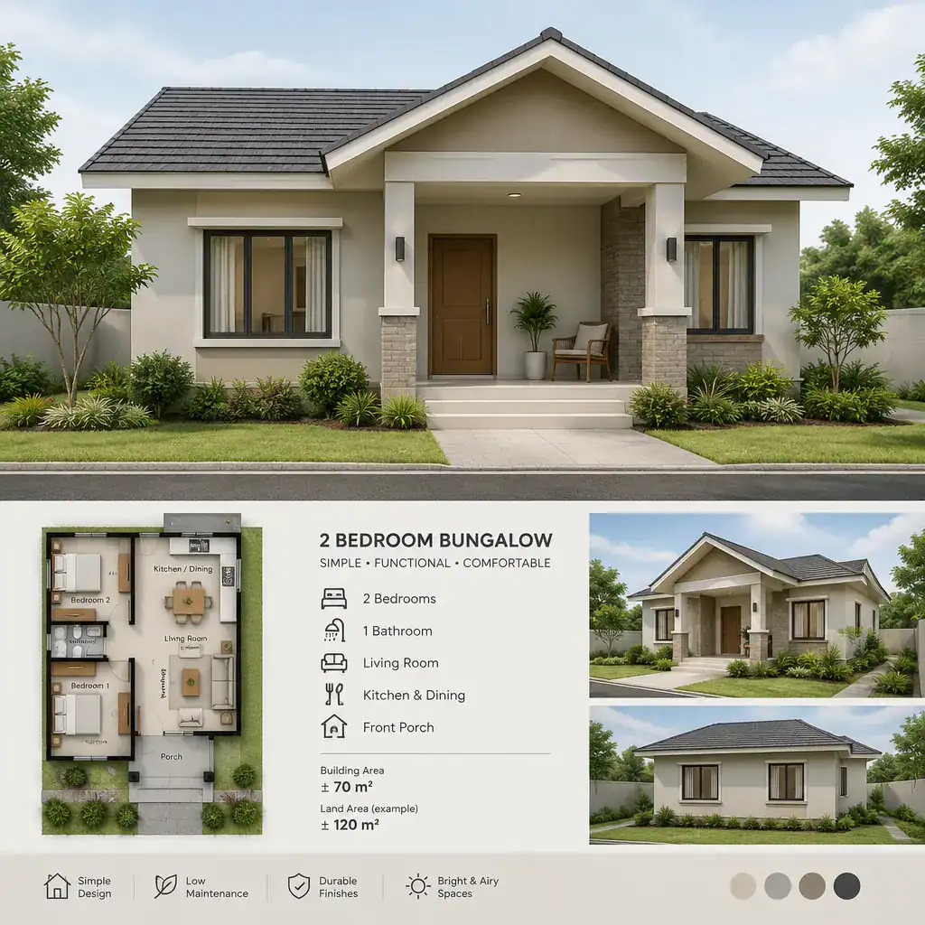 Simple modern bungalow exterior with two bedrooms