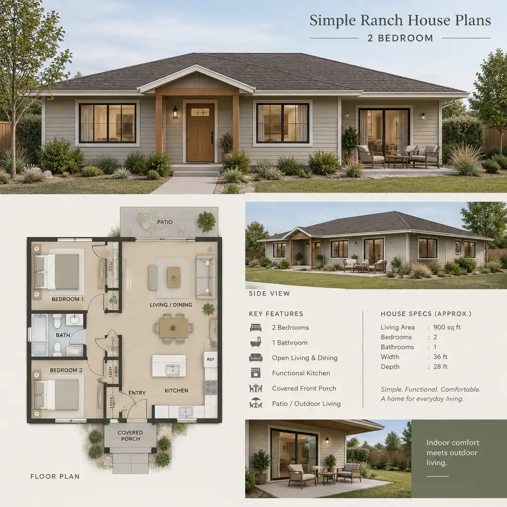 Simple ranch house exterior with practical site connection
