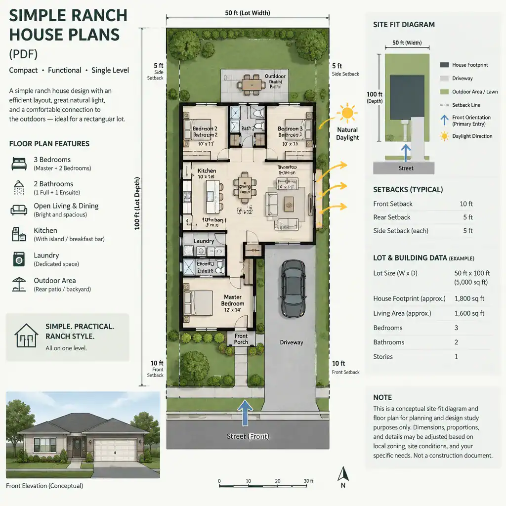 Simple ranch house plan evaluated for lot fit, daylight, and storage