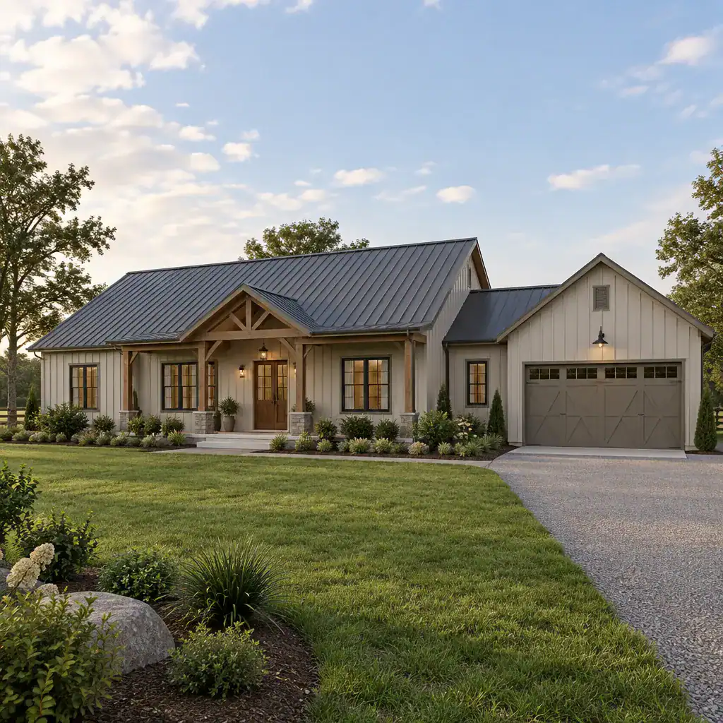 Single Story Barn House Exterior With Garage
