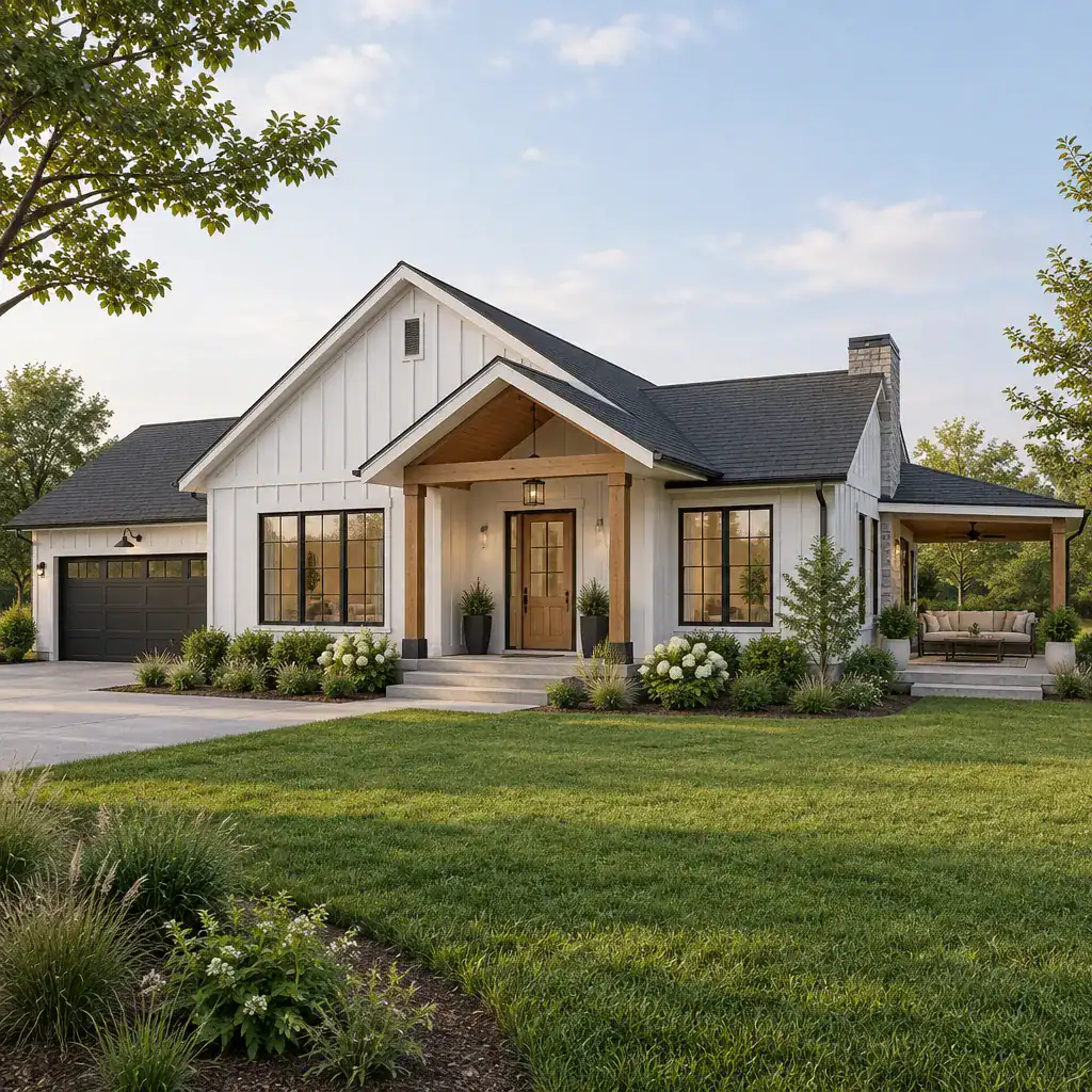 Single-story modern farmhouse exterior with a covered entry and simple gabled roof