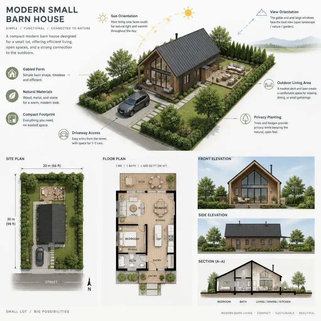 Site layout for a modern small barn house plan