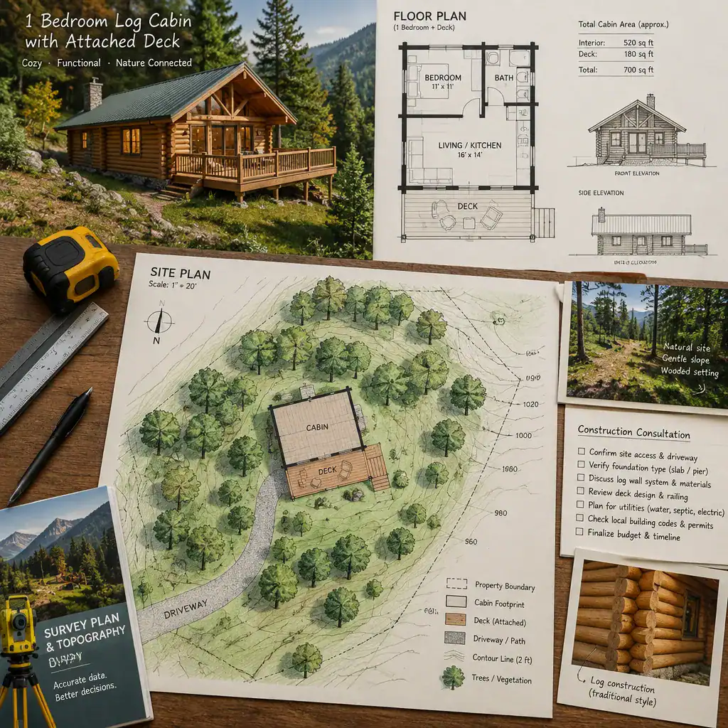 Site planning considerations for a log cabin with an attached deck