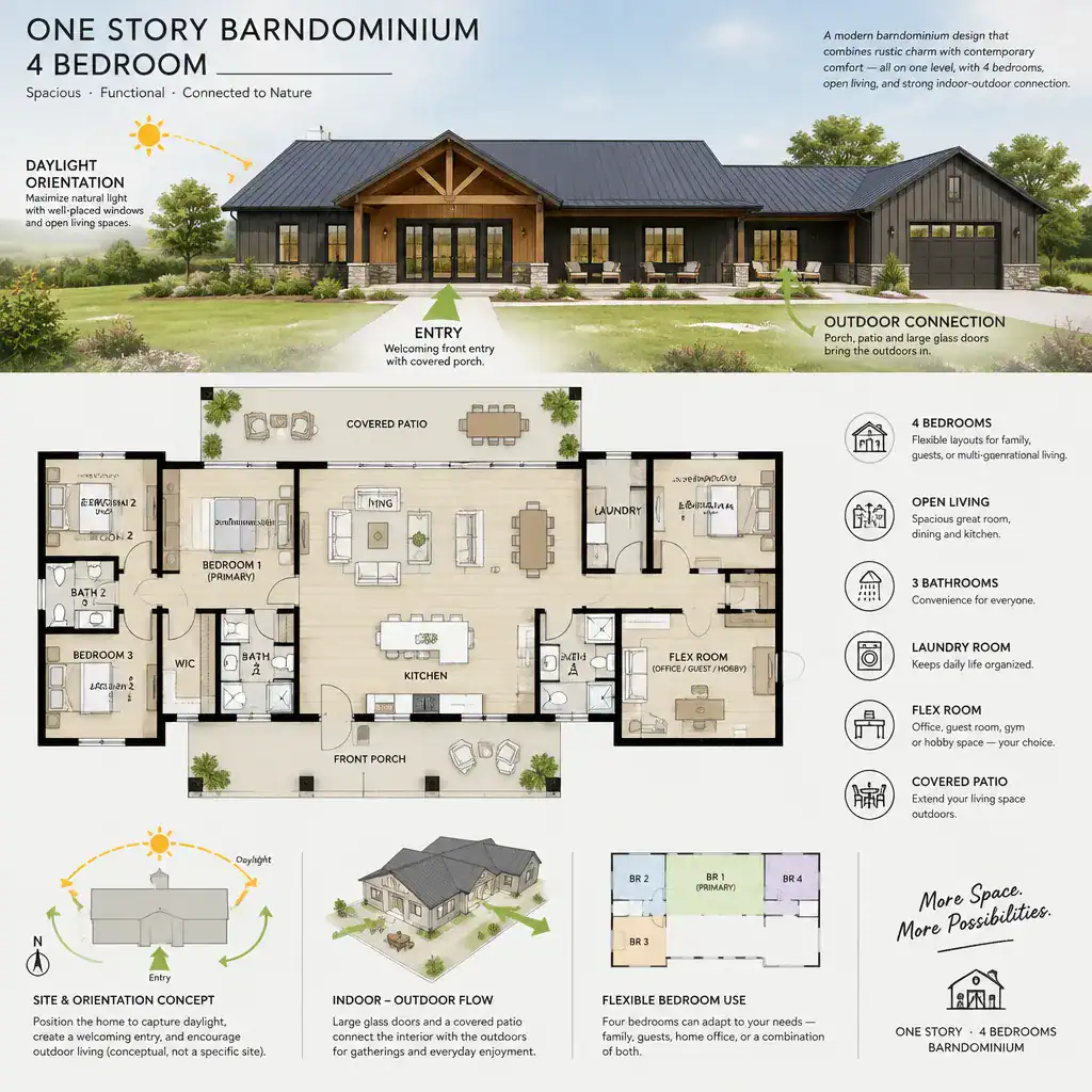 Site Responsive One Story Four Bedroom Barndominium Concept
