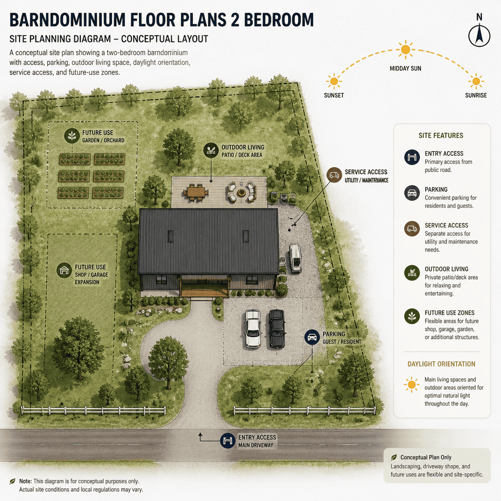 Site fit and flexible planning diagram for a two-bedroom barndominium