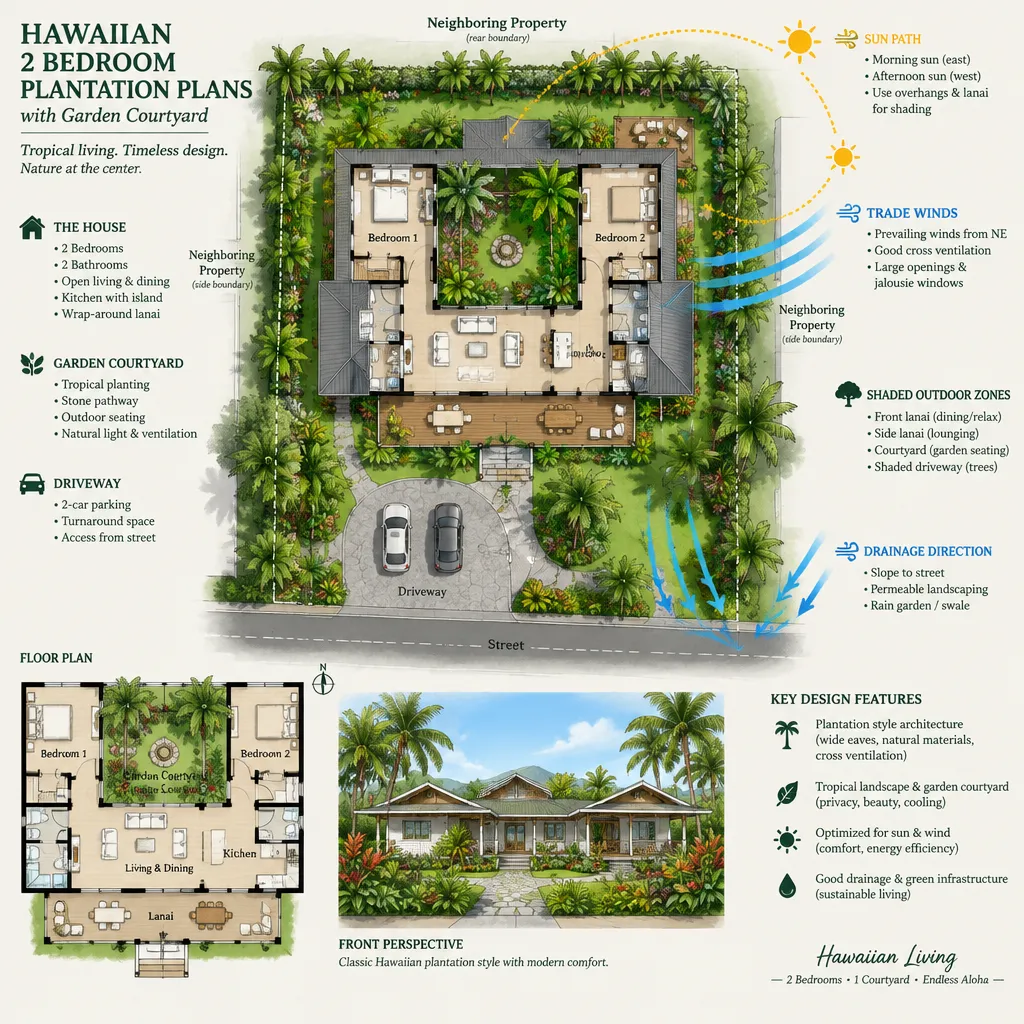 Site planning checklist for a Hawaiian plantation house with garden courtyard
