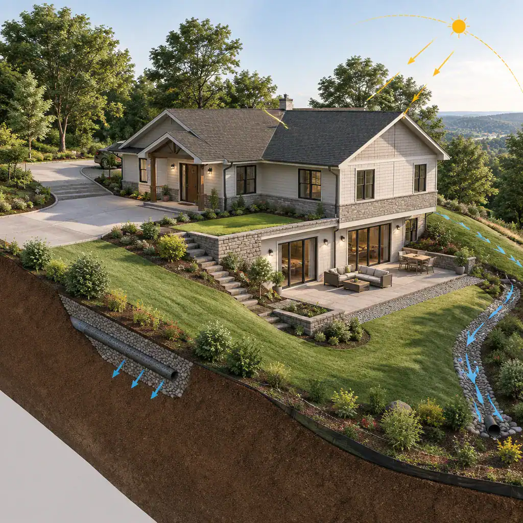 Sloped site planning for a ranch house with a walkout basement