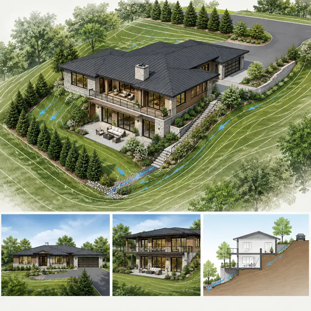 Sloped lot site plan for a modern ranch house with walkout basement