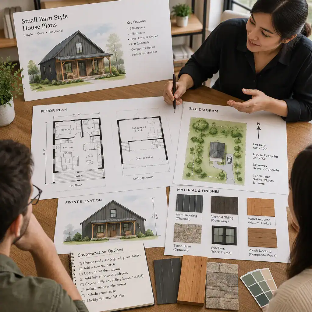 Small barn house plan review with site diagram and material samples