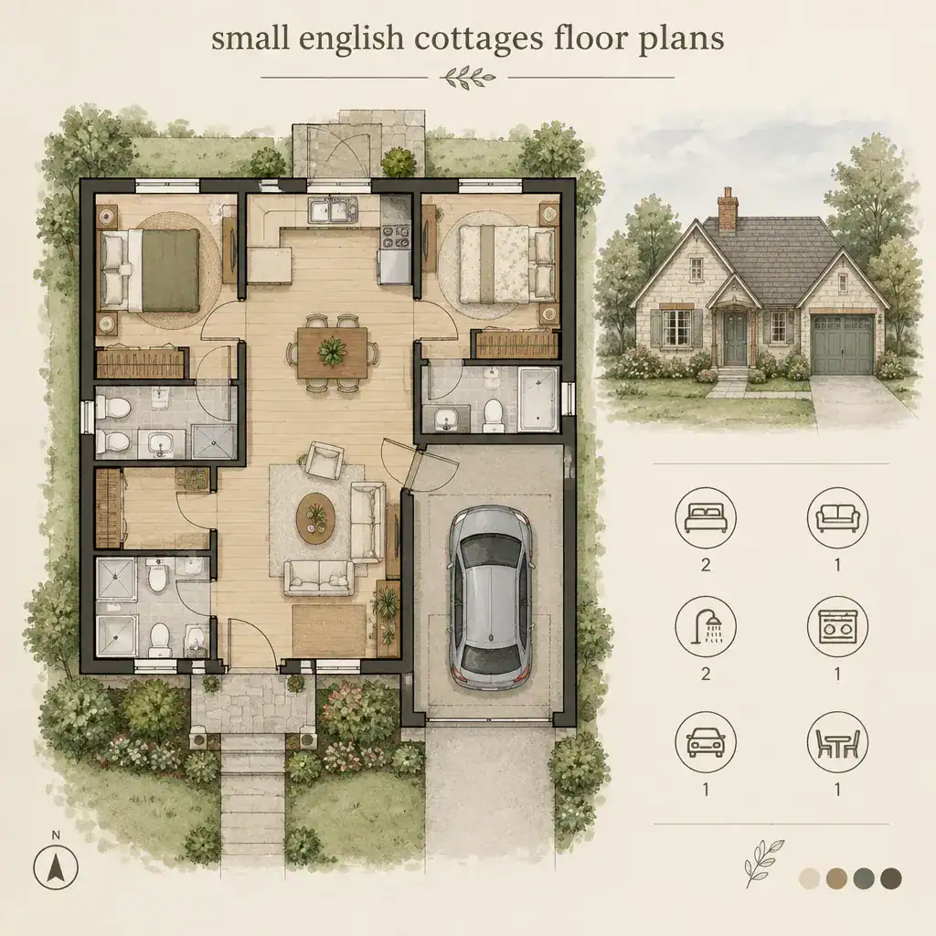 Small English cottage floor plan with compact connected rooms