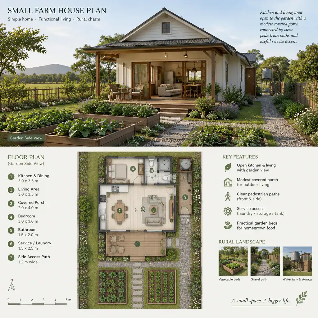 Small farmhouse connected to a practical outdoor living area