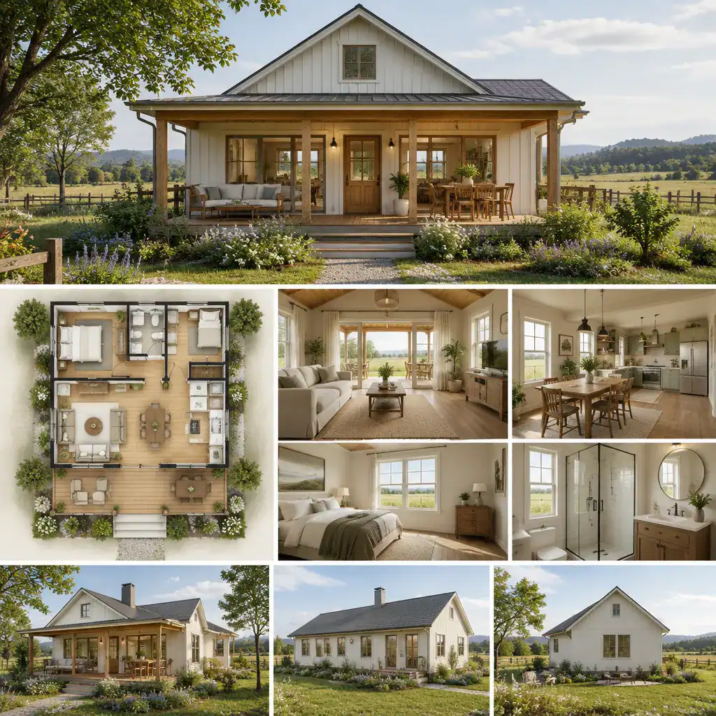 Small Farmhouse Connecting Interior Living Spaces To A Covered Outdoor Porch