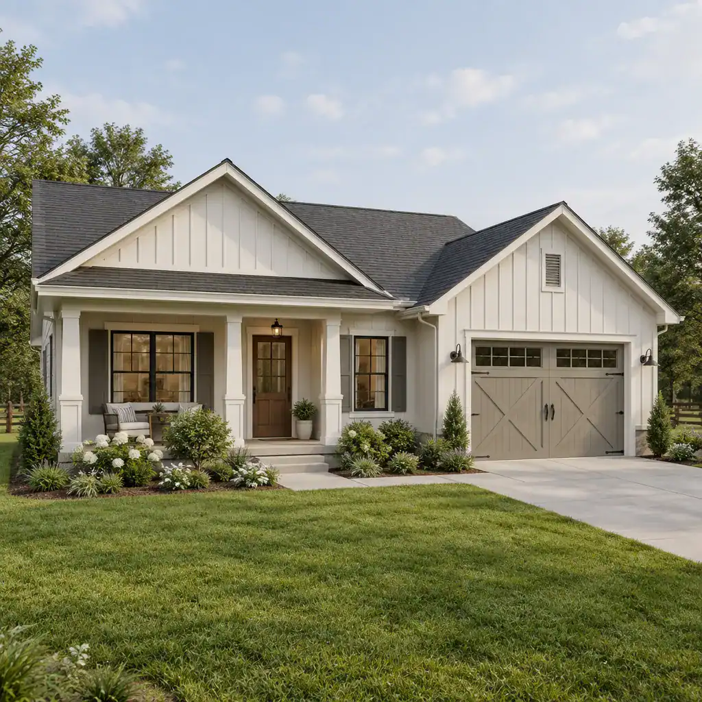 Small Farmhouse Exterior With A Coordinated Integrated Garage