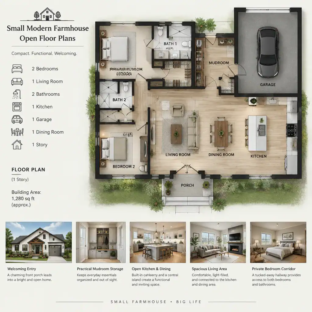 Small farmhouse floor plan with privacy and integrated storage
