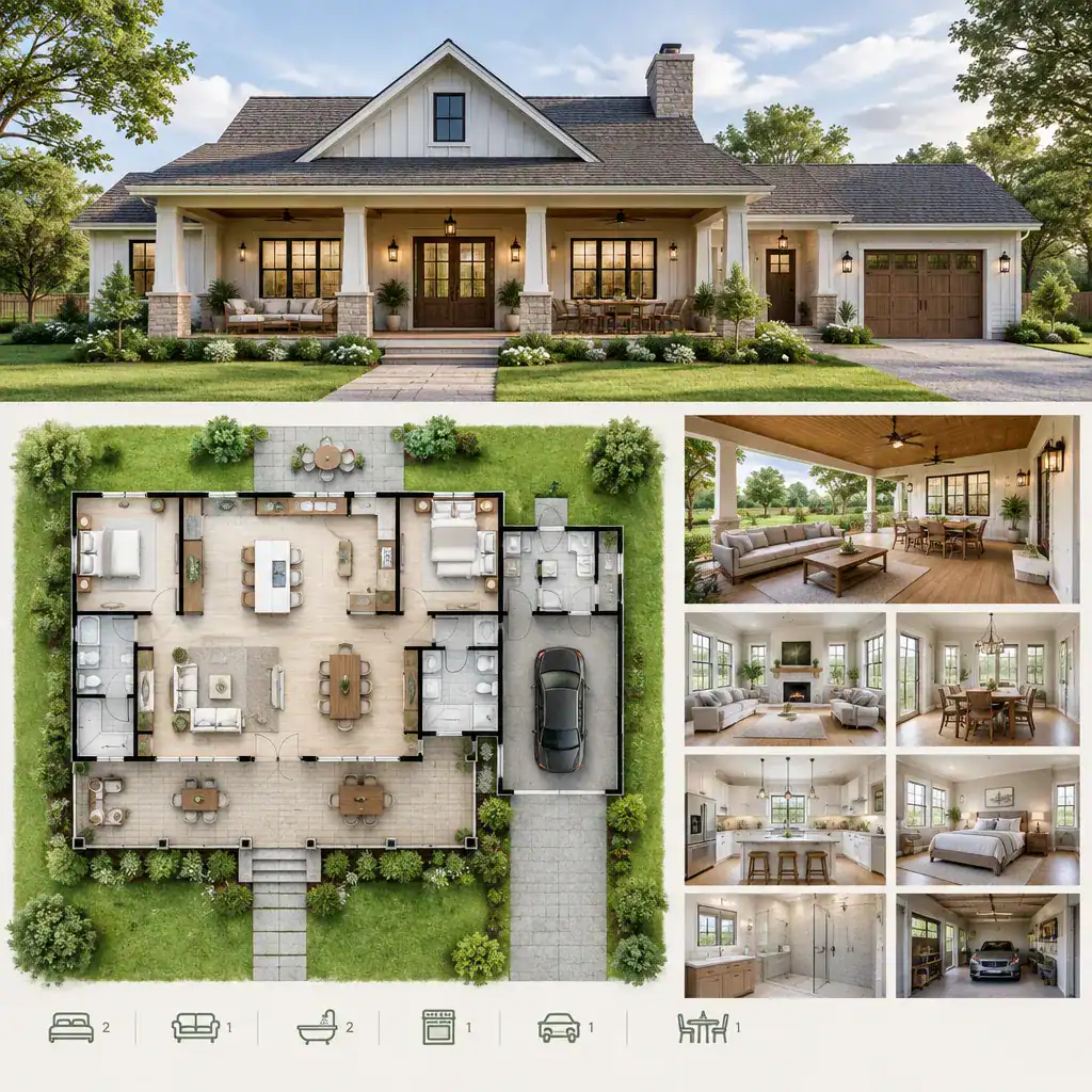 Small farmhouse mansion with connected porch and outdoor living area