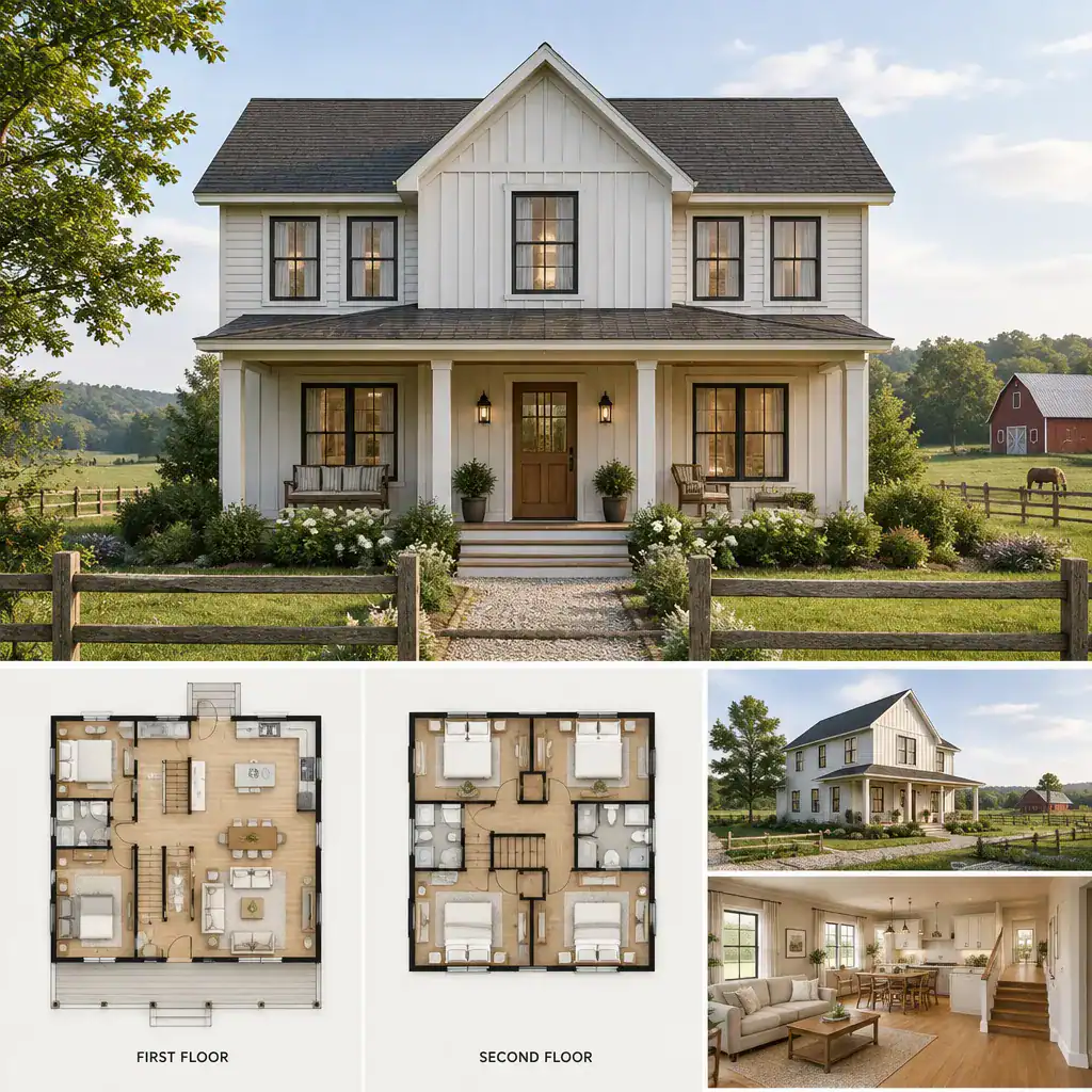 Small four-bedroom farmhouse exterior with a simple front porch