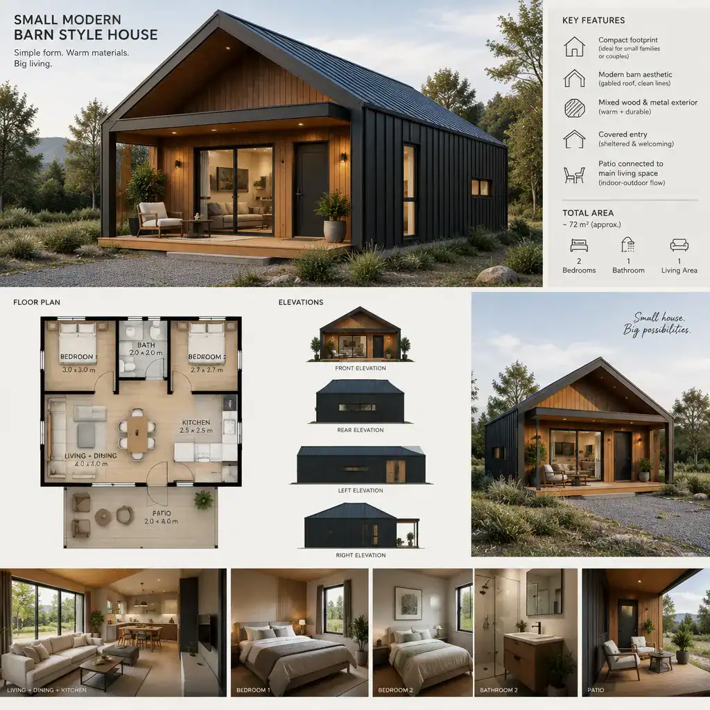 Small modern barn house with mixed exterior materials and a connected patio