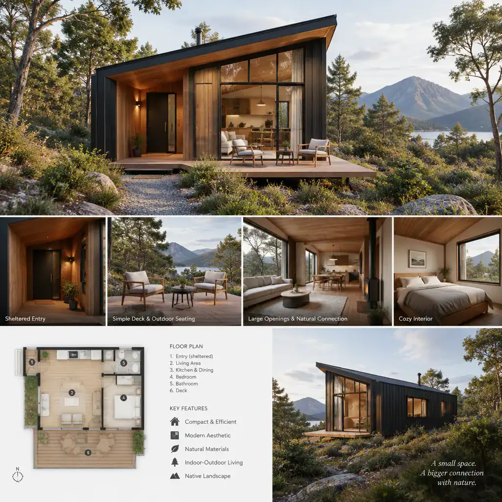 Small Modern Cabin With A Compact Outdoor Living Area
