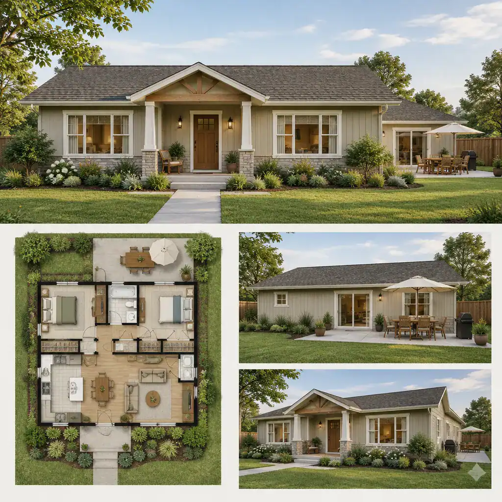 Small ranch house exterior with covered porch