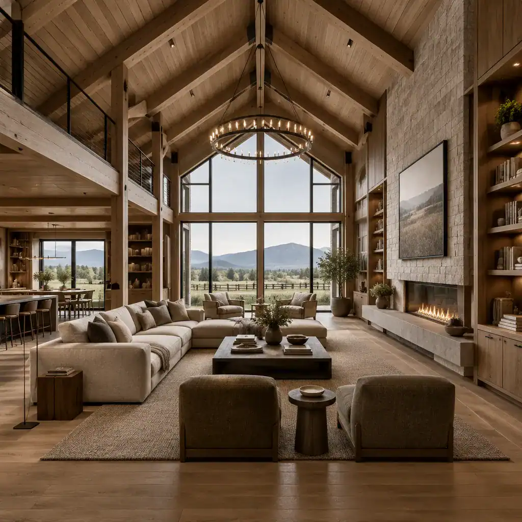 Sophisticated contemporary barn house living room with built-in storage and neutral furnishings