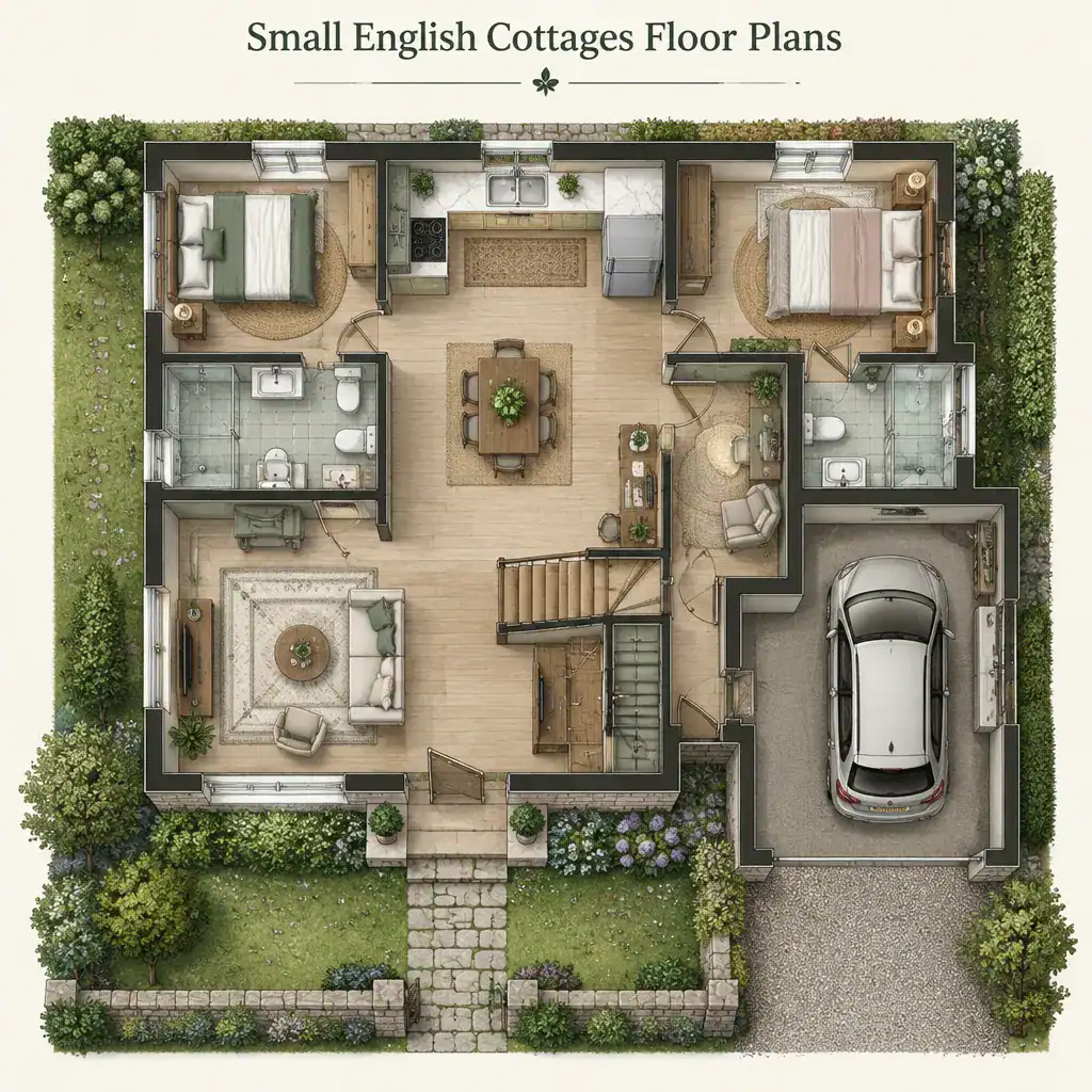 Space-saving features in a small English cottage floor plan