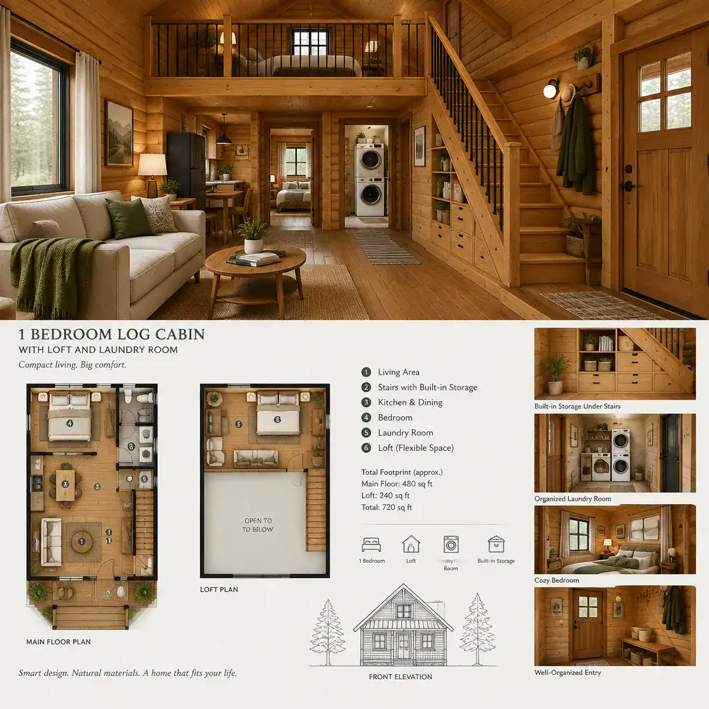 Space-saving storage and circulation in a log cabin