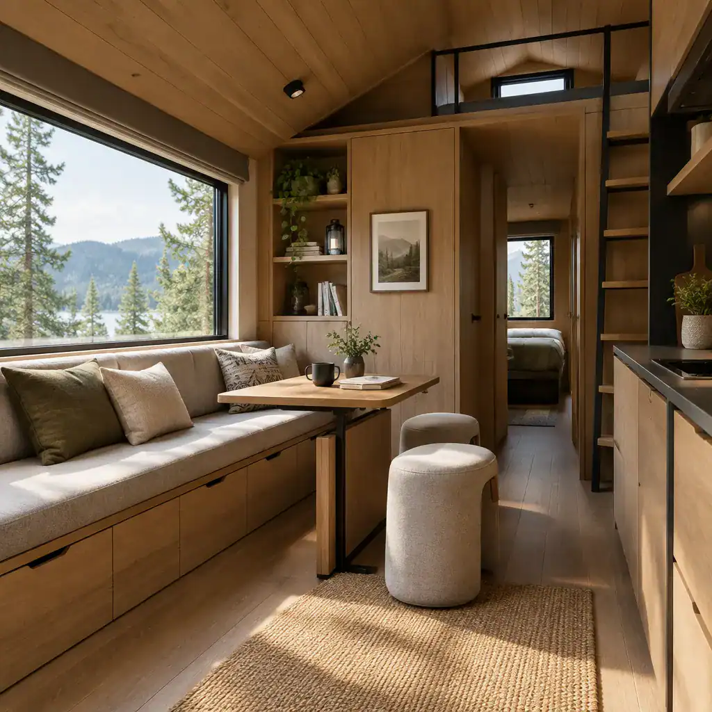 Space Saving Storage And Furniture In A Modern Cabin