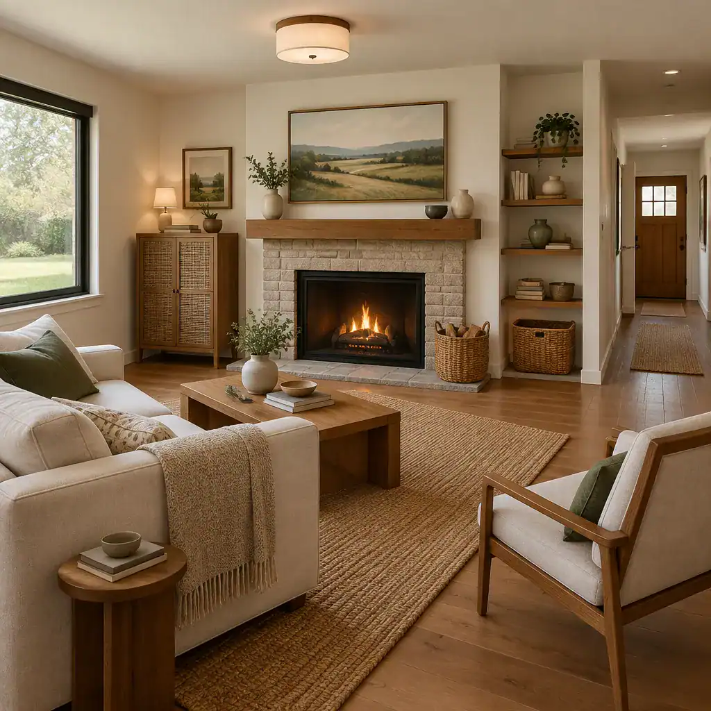 Space-saving storage and ranch decor in a small fireplace living room
