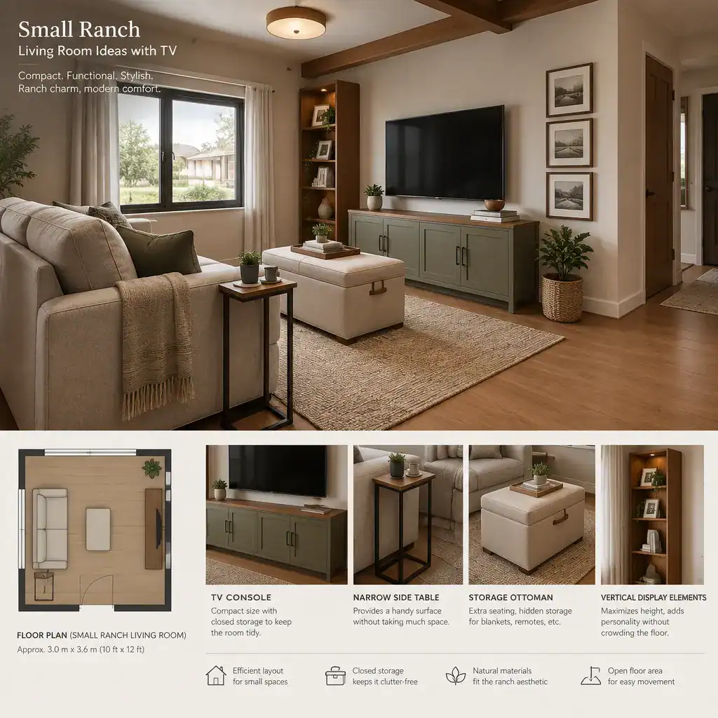 Space-saving TV storage in a small ranch living room
