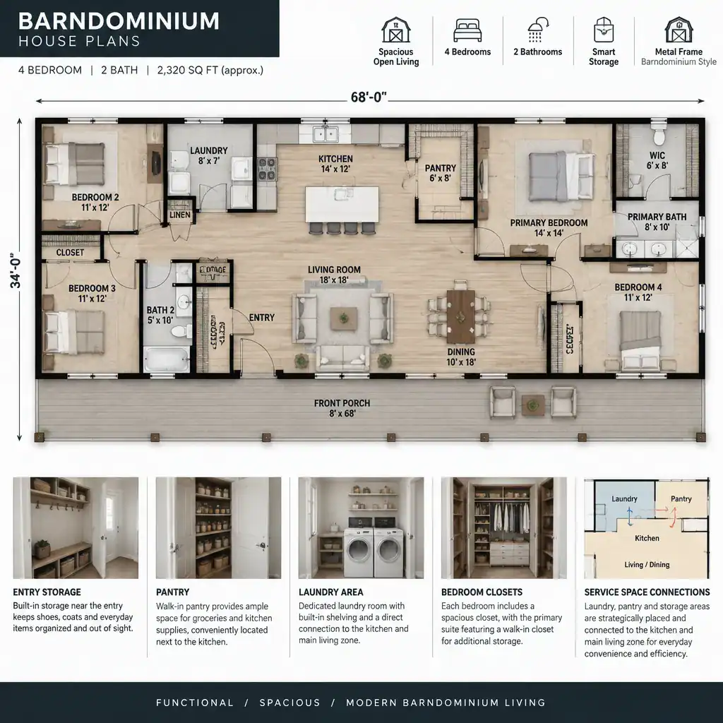 Storage and service-space organization in a barndominium house plan