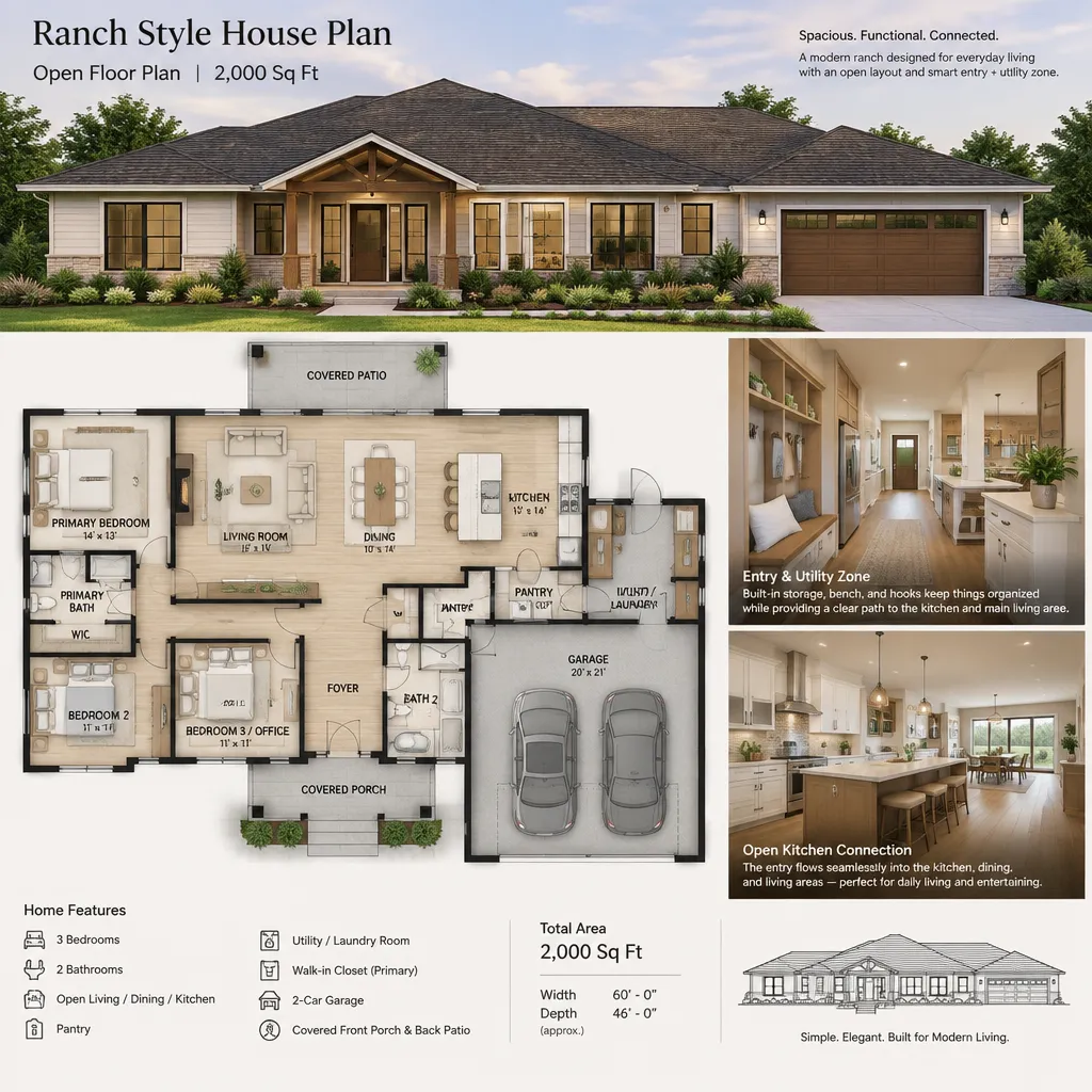 Storage and utility zone in a ranch house floor plan