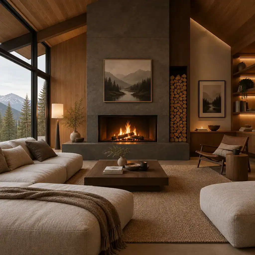 Styled Modern Cabin Fireplace With Neutral Decor
