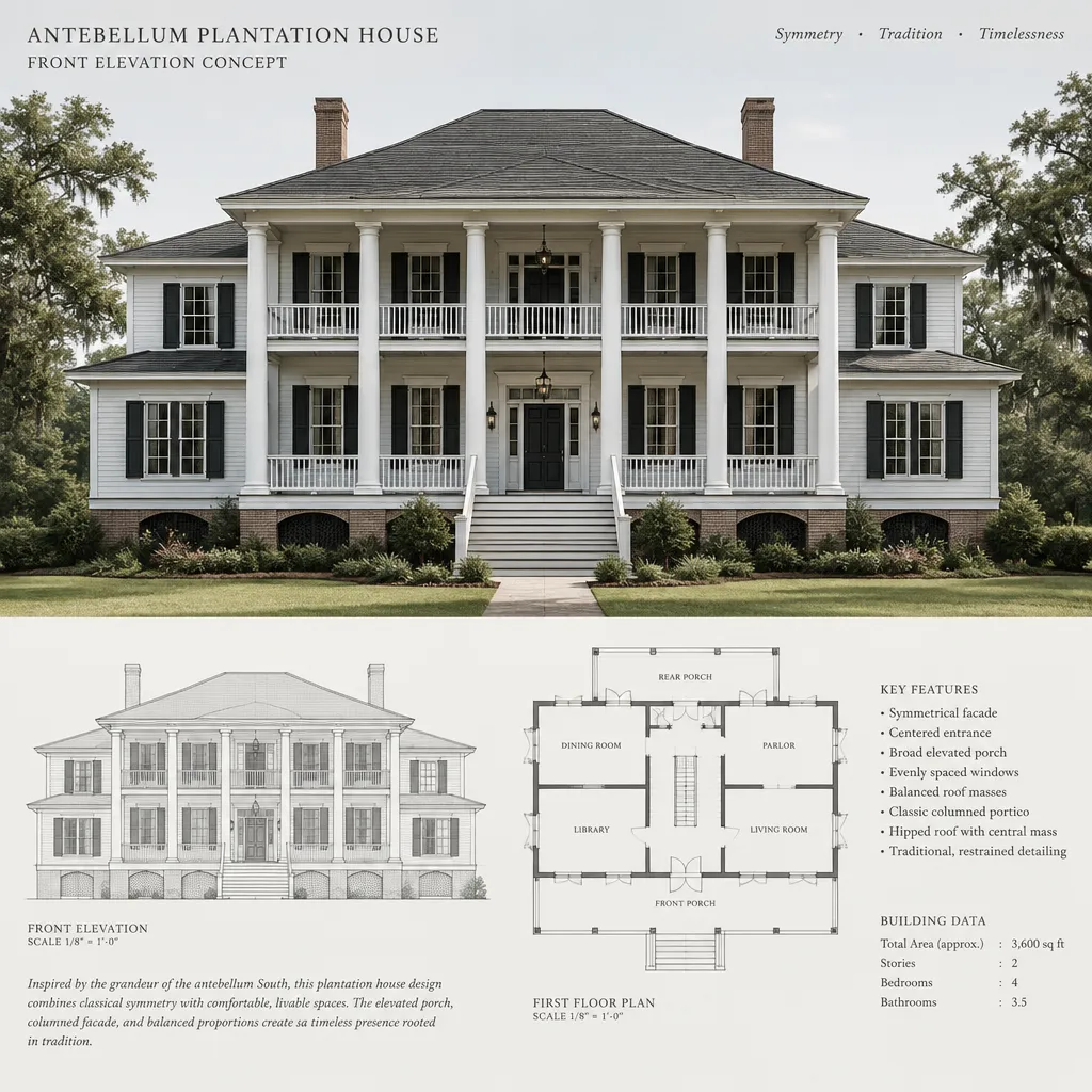 Symmetrical antebellum-inspired plantation house facade with centered entrance and balanced windows