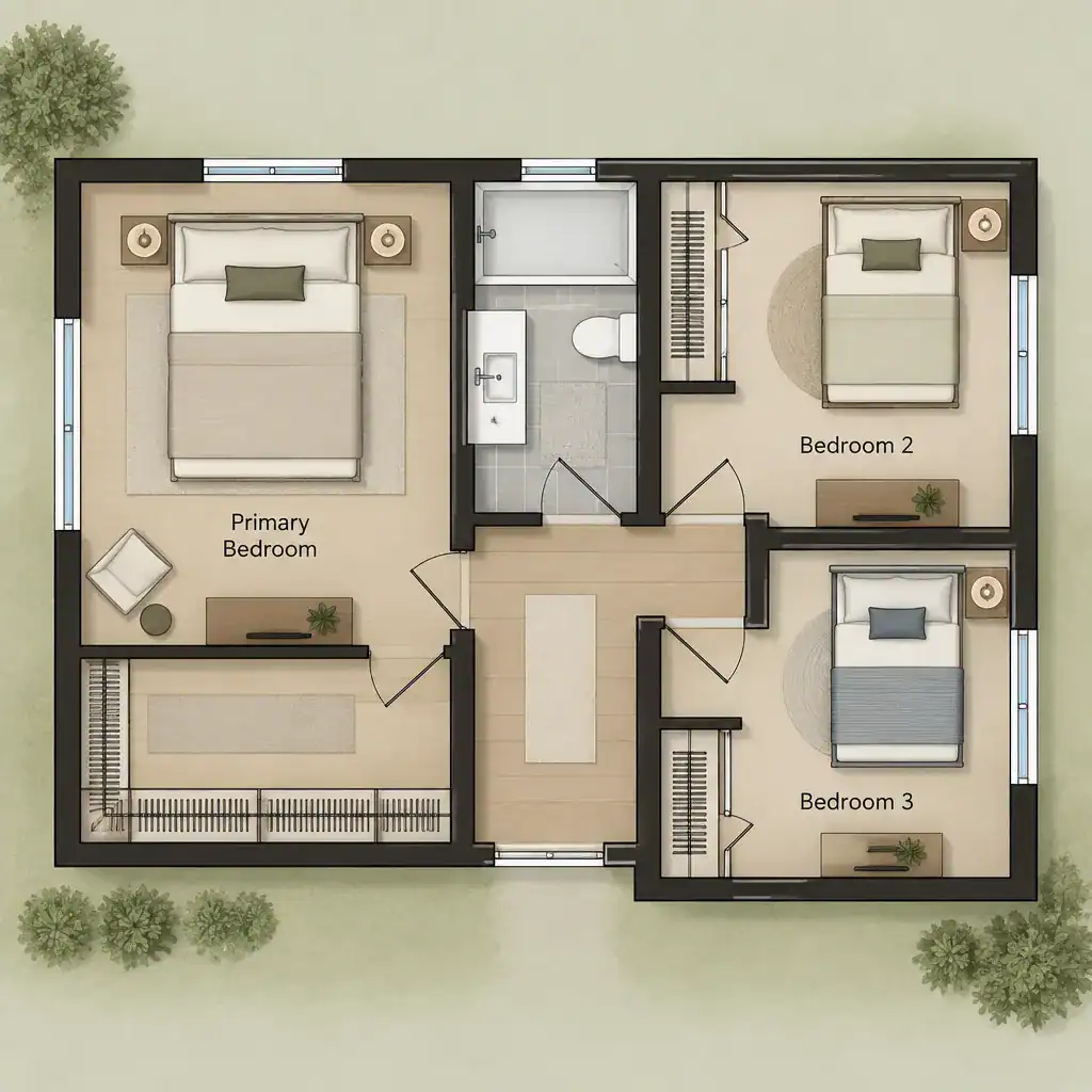 Three-bedroom ranch house layout with a private bedroom wing
