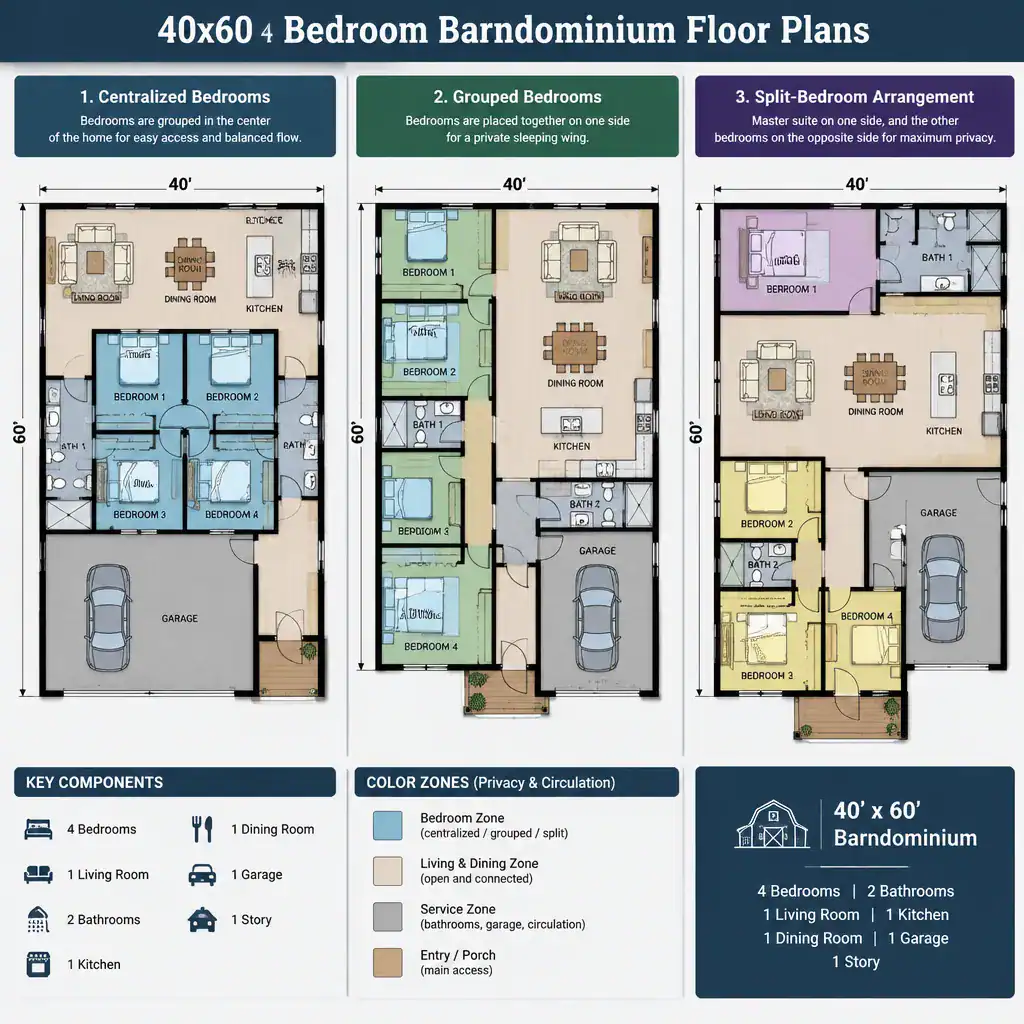 Three Four Bedroom Barndominium Zoning Concepts