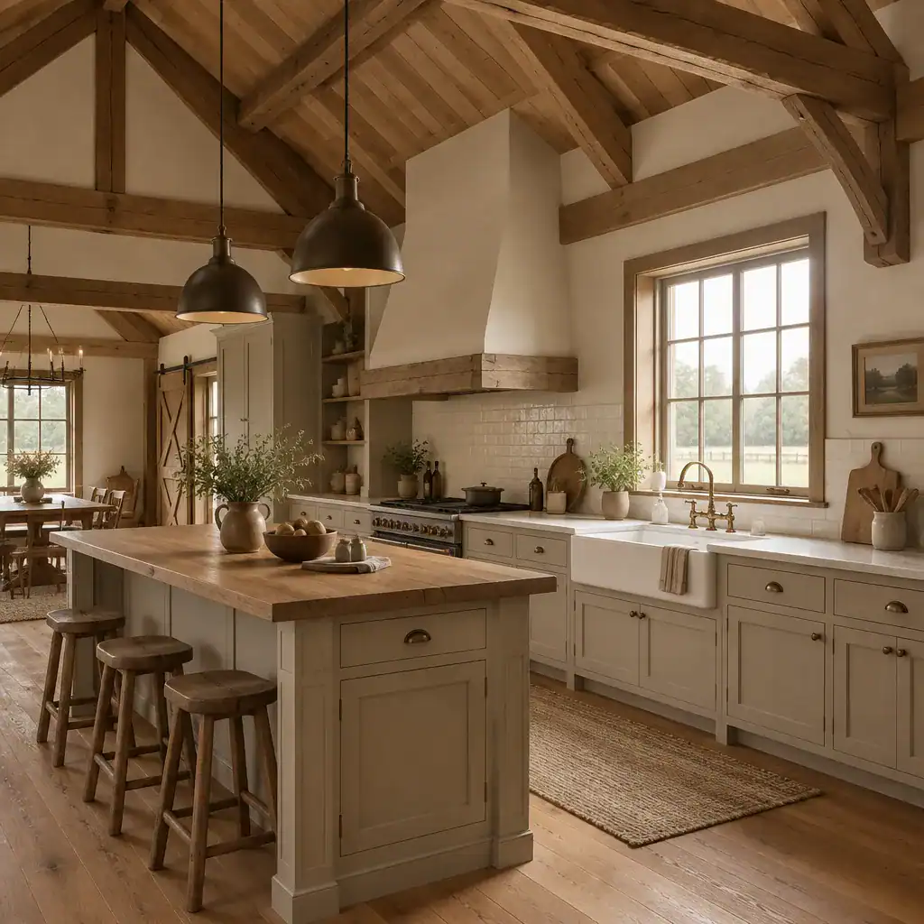 Traditional barn house farmhouse kitchen with timber beams and simple cabinetry