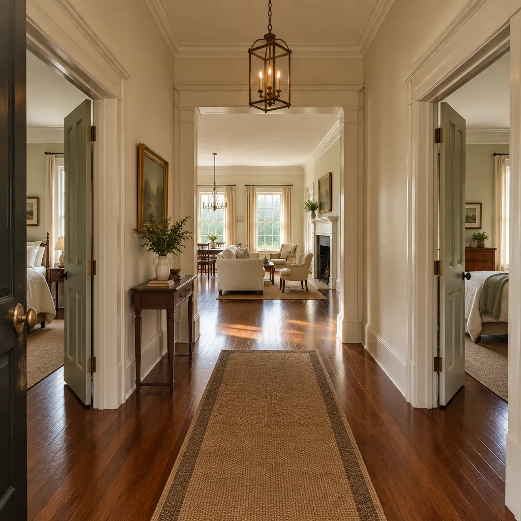 Traditional central hall connecting shared spaces in a two-bedroom home