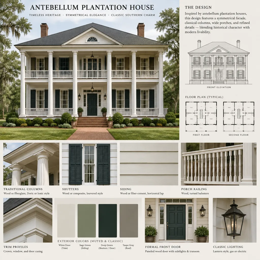 Traditional facade materials and details for an antebellum-inspired plantation house
