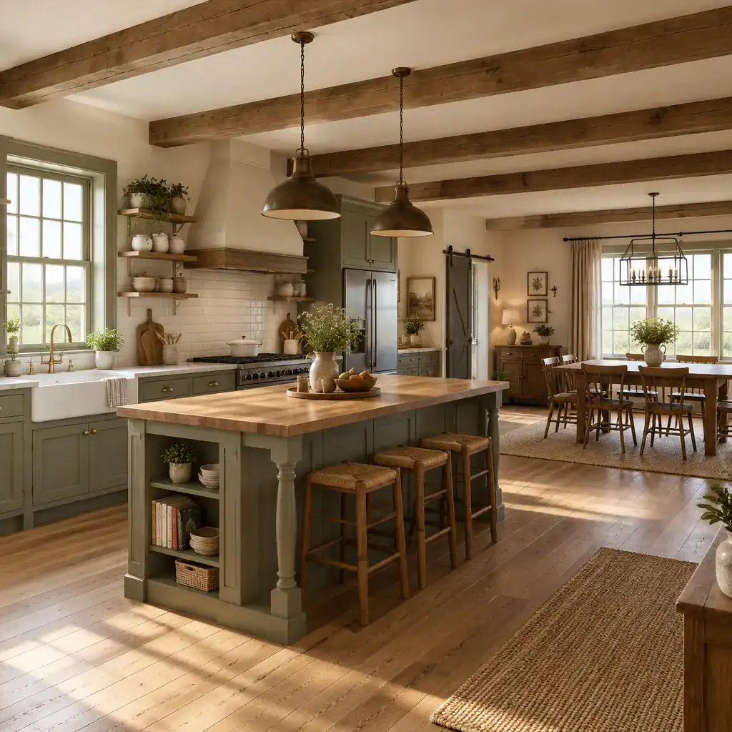 Traditional farmhouse kitchen and dining area combining classic details with modern functionality
